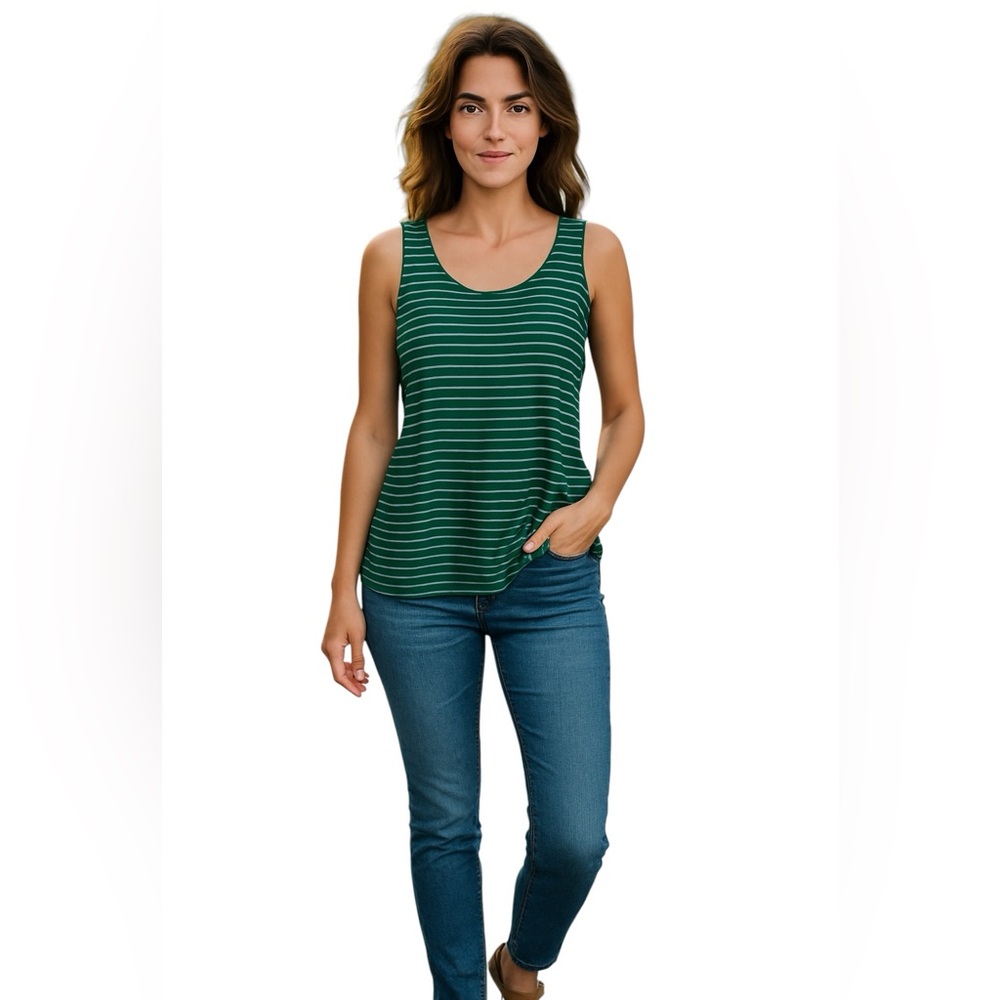 Agnes & Dora Tank Top Green White Striped  size L Plunge Neck